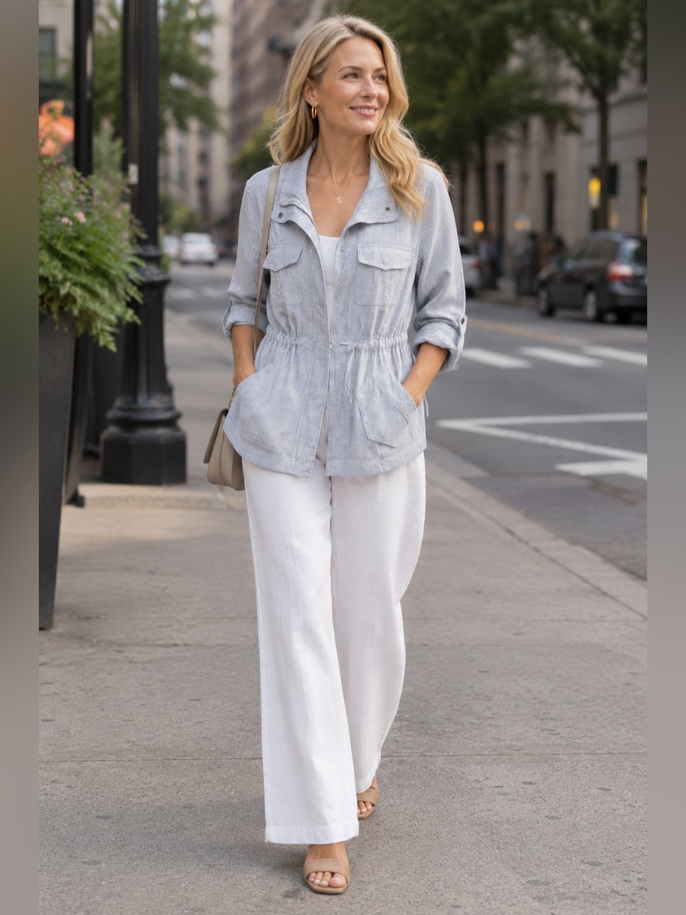 Linen Cotton Striped Jacket Drawstring Waist Blue White Peplum